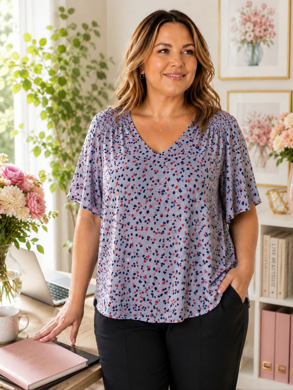 PENNINGTONS Blue Grey Heart Print Flutter Sleeve Blouse Size 3X
